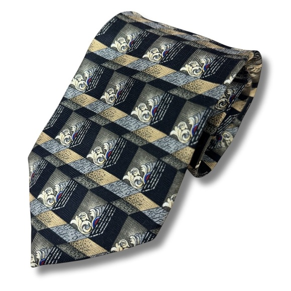 CHRISTIAN DIOR - Men’s Vintage Silk Patterned Tie - Black/ Gold/ Grey - Picture 1 of 4
